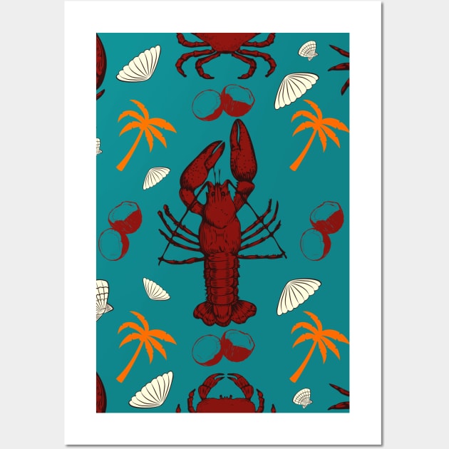 Lobsters, Crabs and Sea Shells Pattern, Relaxing Beachlife Wall Art by vystudio